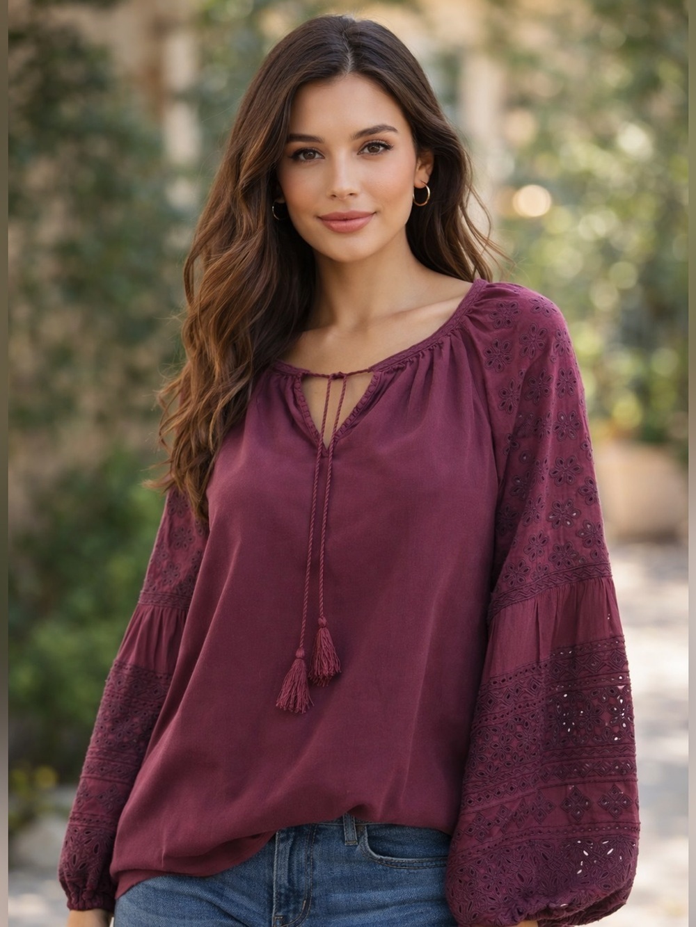 Love Sam Red Embellished Bohemian Puff Sleeve Blouse Size Large , Festive